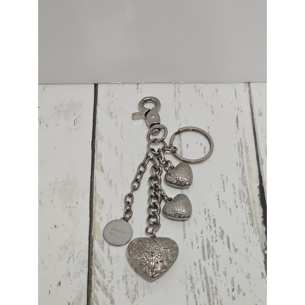 Kathy Van Zeeland Purse Charm Fob Key Chain Key Ring Silver Tone Fancy Hearts